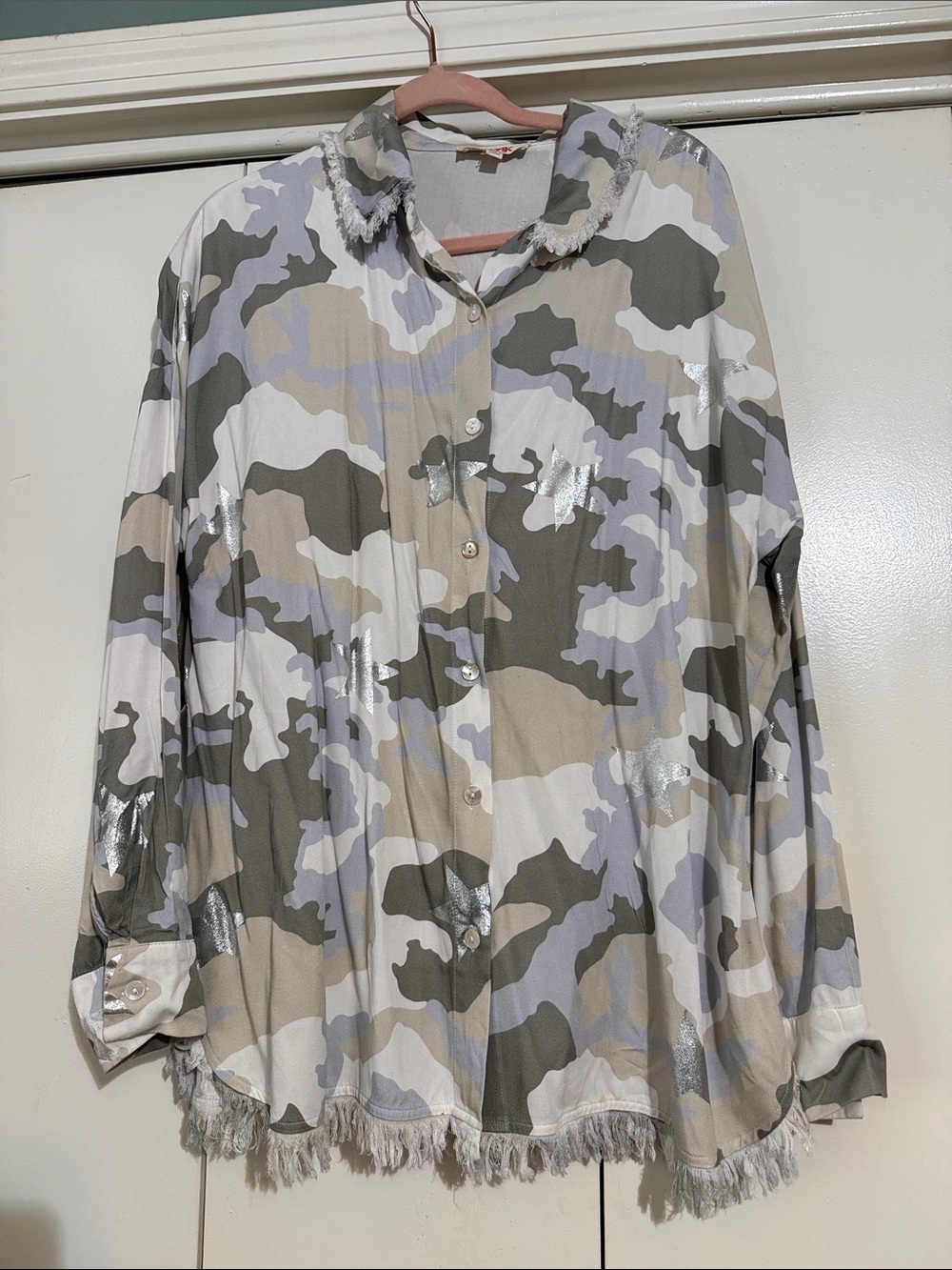 Mazik Beige and Gray Camo Fringe Shirt Jacket